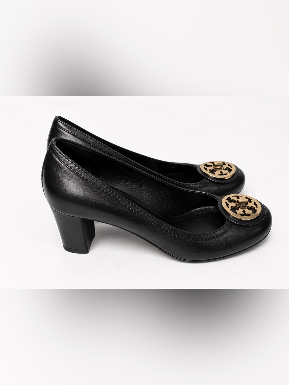 Tory Burch Black Leather Miller Heels Gold Logo Pumps Size 7M